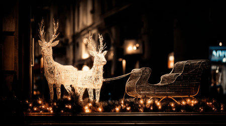 A charming Christmas display featuring a decorative sleigh pulled by two reindeer, illuminated by warm, twinkling lights.の素材