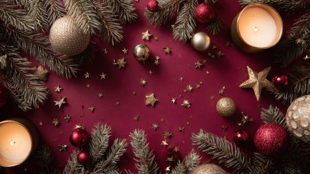 A beautiful Christmas flat lay featuring pine branches, ornaments, candles, and scattered stars on a rich red background.の素材