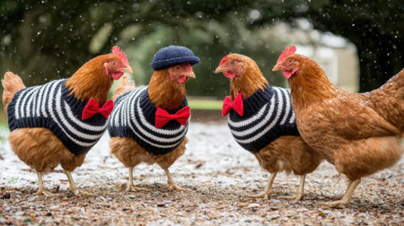 Four chickens are dressed in festive sweaters and bow ties, standing together in a snowy outdoor setting.の素材