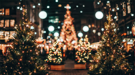 A magical night scene with numerous Christmas trees adorned with twinkling lights, creating a warm and inviting atmosphere.の素材