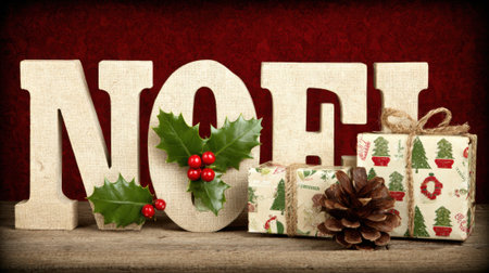 Decorative white letters spelling NOEL adorned with holly and berries, alongside wrapped Christmas presents and a pine cone.の素材