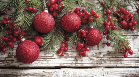 A close-up view of red glittery Christmas ornaments and green pine branches with red berries, artfully arranged on a weathered wooden surface.の素材