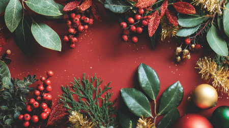 A beautiful overhead view of a Christmas wreath border made of red berries, pine needles, and glossy leaves on a rich red backdrop.の素材