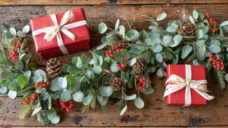 Two red Christmas gift boxes with ribbon and a lush green garland with berries and pinecones on a rustic wooden surface.の素材