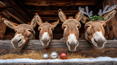 Four donkeys peeking out of a rustic barn with Christmas ornaments and snow in the foreground.の素材