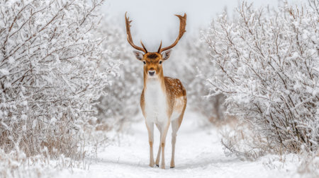 A magnificent fallow deer with impressive antlers stands centered on a snow-covered path, surrounded by frosted trees, creating a serene winter wildlife scene.の素材
