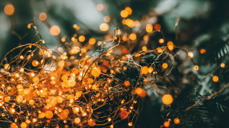 Close-up of warm orange fairy lights creating a bokeh effect against a dark, out-of-focus green background, evoking a festive and magical atmosphere.の素材