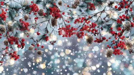 A close-up of a winter branch adorned with vibrant red berries and pinecones, set against a bokeh background of twinkling lights and falling snow.の素材