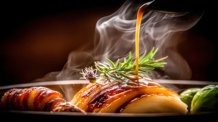A close-up shot of a beautifully plated dish, with a rich sauce being poured over it, creating steam. Garnished with fresh rosemary.の素材