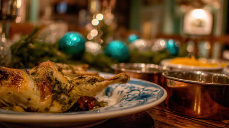 A close-up of a delicious roasted quail served on a decorative plate, with a blurred background of Christmas tree ornaments and greenery.の素材