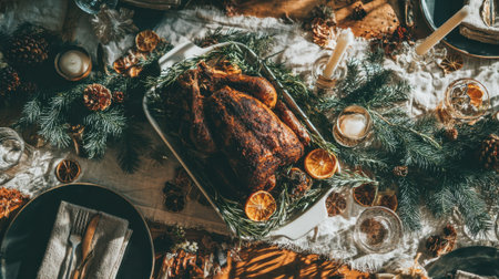A beautifully arranged holiday dinner table featuring a golden roasted turkey as the centerpiece, surrounded by festive decorations and citrus accents.の素材