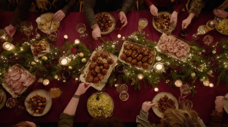 A top-down view of a richly decorated holiday table laden with various dishes and illuminated by warm fairy lights, suggesting a joyous gathering.の素材