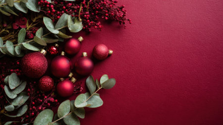 A close-up shot of shiny red Christmas baubles and eucalyptus branches arranged on a deep burgundy surface, creating a festive and elegant holiday theme.の素材