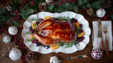 A beautifully roasted turkey, glazed and garnished with fresh oranges and berries, sits on a decorative white platter, ready for a holiday feast.の素材
