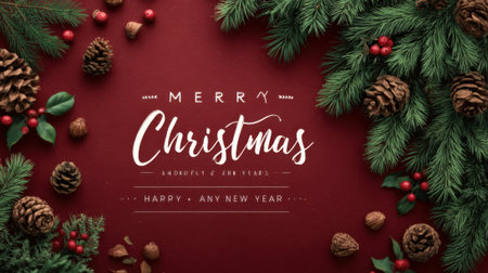 A festive Merry Christmas and Happy New Year greeting card featuring a deep red background adorned with pine cones and lush green fir branches.の素材