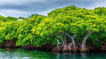 A vibrant mangrove forest thrives along the water, showcasing its complex aerial root system and dense green foliage under a cloudy sky.の素材