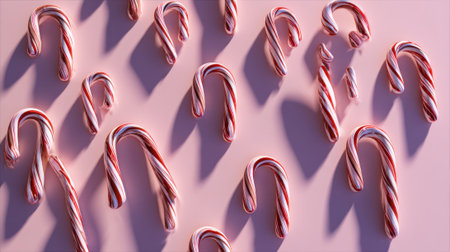 A collection of candy canes arranged in a pattern on a pink surface, casting distinct shadows.の素材