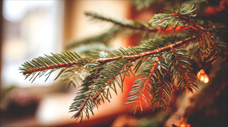A detailed close-up shot of a green pine tree branch, adorned with subtle, warm bokeh lights, evoking a festive holiday atmosphere.の素材