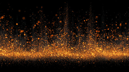A dynamic explosion of golden glitter particles against a deep black background, creating a sense of magic and celebration.の素材