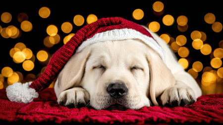 A cute, sleepy Labrador puppy wearing a red and white Santa hat rests its head on a red blanket, with warm, blurred bokeh lights in the background.の素材