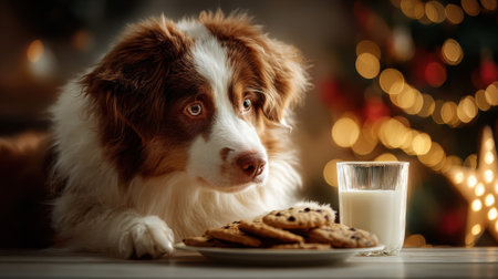 A cute Australian Shepherd dog with a fluffy coat looks longingly at a plate of cookies and a glass of milk, with a festive, bokeh-lit Christmas tree in the background.の素材