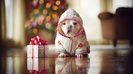 A cute French Bulldog puppy sits on a polished floor next to a festive Christmas gift, wearing a warm hoodie. A decorated Christmas tree is visible in the background.の素材