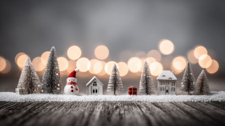 A delightful miniature Christmas village display featuring a snowman, houses, trees, and a gift, set against a backdrop of bokeh lights on a rustic wooden surface.の素材