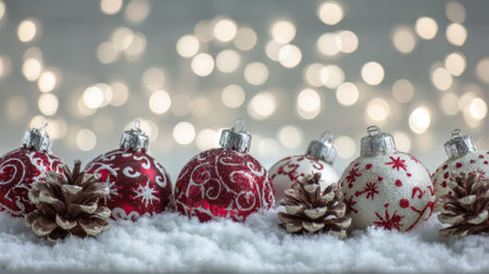 A festive arrangement of Christmas ornaments and pine cones sits on a snowy surface, with soft bokeh lights in the background.の素材