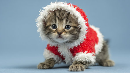 A very cute, fluffy kitten dressed in a red and white Santa Claus costume, looking directly at the camera with big, innocent eyes.の素材
