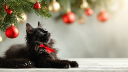 A fluffy black cat with a red bow around its neck lies peacefully under a decorated Christmas tree.の素材