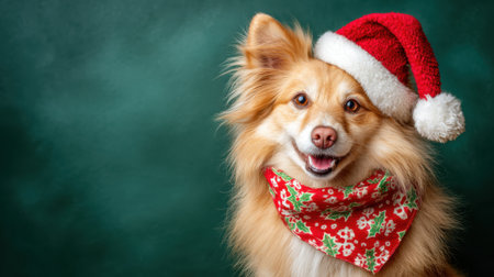 A cute, fluffy dog with a happy expression wears a red Santa hat and a Christmas-themed bandana against a dark green background.の素材