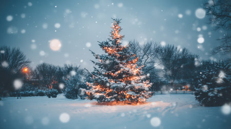 A festive Christmas tree adorned with lights stands in a snow-covered landscape, with gentle snowflakes falling.の素材
