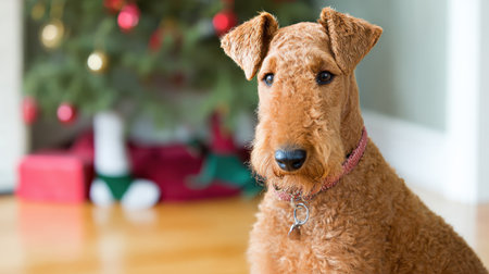A cute Airedale Terrier dog sits indoors, looking at the camera with a Christmas tree and presents in the background.の素材