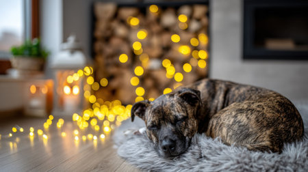 A brindle dog sleeps peacefully on a soft rug in front of a fireplace adorned with glowing fairy lights, creating a warm and inviting atmosphere.の素材