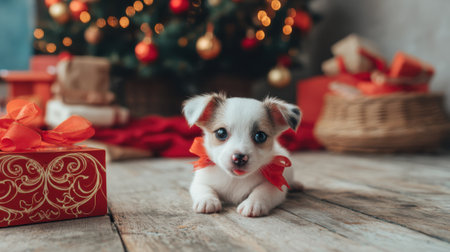 A cute small puppy wearing a red bow lies on a wooden floor in front of a decorated Christmas tree and presents.の素材