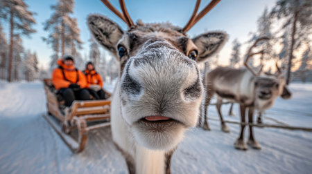 A reindeer face fills the foreground, looking directly at the camera, with a snowy forest and a sleigh carrying two people in the background.の素材