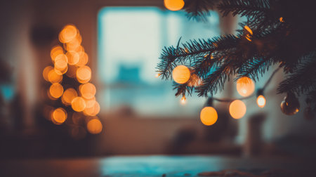 A close-up shot of a Christmas tree branch with glowing lights, with a blurred bokeh background of more festive lights.の素材