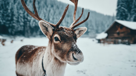 A majestic reindeer stands in a winter wonderland, its antlers reaching towards the sky. A rustic cabin peeks through the snow-covered trees.の素材