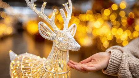 A festive scene with a person hand gently touching an illuminated reindeer, surrounded by warm bokeh lights, evoking a sense of holiday magic.の素材