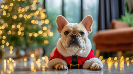 A charming French Bulldog dressed as Santa Claus, lying down in front of a blurred Christmas tree with warm, glowing lights.の素材