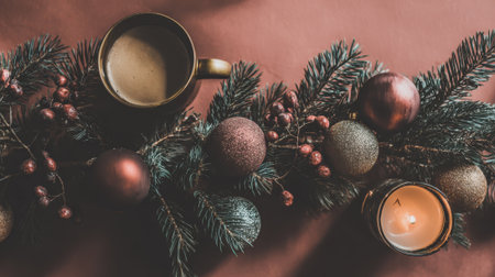 A warm cup of coffee sits amidst a festive Christmas garland, complete with pine branches, ornaments, berries, and a lit candle.の素材