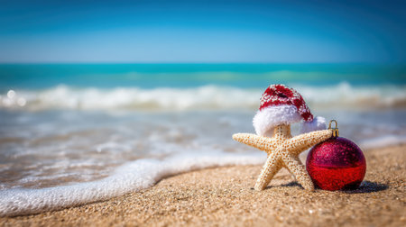 A festive Christmas scene unfolds on a sandy beach with gentle ocean waves. A starfish and a red ornament sit near a Santa hat, evoking holiday cheer in a tropical setting.の素材