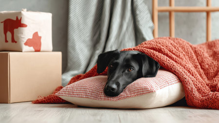 A black dog is comfortably resting on a soft pillow, covered by a warm, textured orange blanket. The scene evokes a sense of comfort and relaxation.の素材