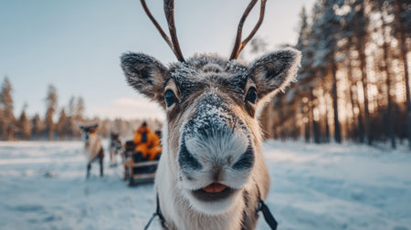 A reindeer face fills the frame, covered in snow, with a winter forest and a sleigh ride in the background.の素材