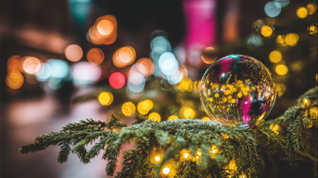 A festive Christmas tree ornament hangs on a branch, illuminated by colorful bokeh lights.の素材