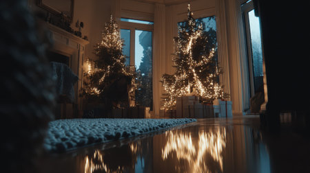 A warm and inviting Christmas scene featuring decorated trees, a fireplace glow reflected on the floor, and a cozy atmosphere.の素材