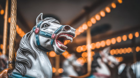A detailed close-up of a white carousel horse with an open mouth, set against a backdrop of blurred colorful lights.の素材