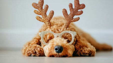 A fluffy Golden Doodle dog lies on the floor wearing festive reindeer antlers and glasses, looking adorable and ready for Christmas.の素材