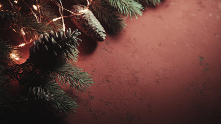 A cozy and festive close-up of pine cones and warm fairy lights on a dark green Christmas tree branch, perfect for holiday themes.の素材