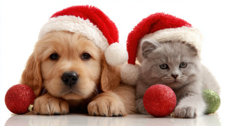 A heartwarming image of a golden retriever puppy and a gray kitten, both adorned with festive Santa hats, lying down with red Christmas ornaments.の素材